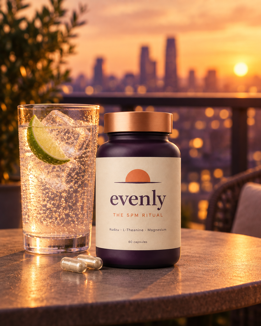 Evenly bottle beside a glass of sparkling water at dusk