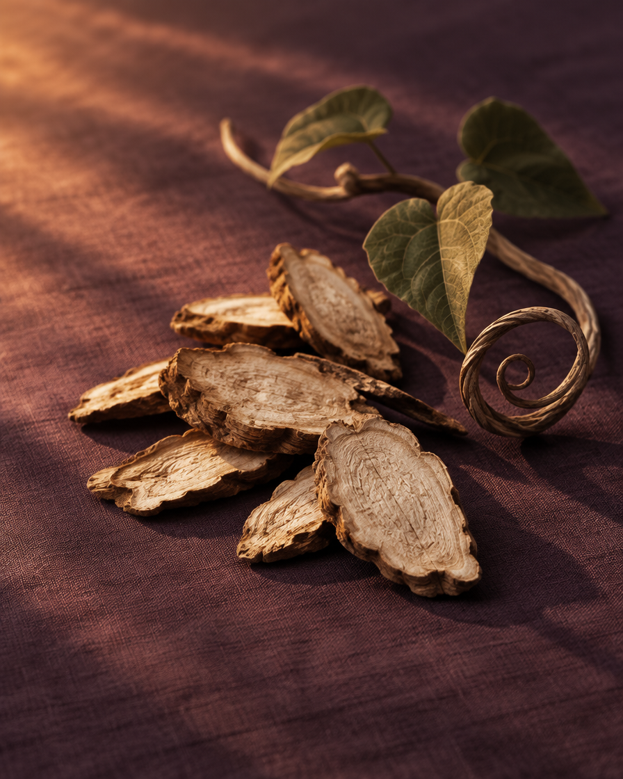 Kudzu root slices on plum linen