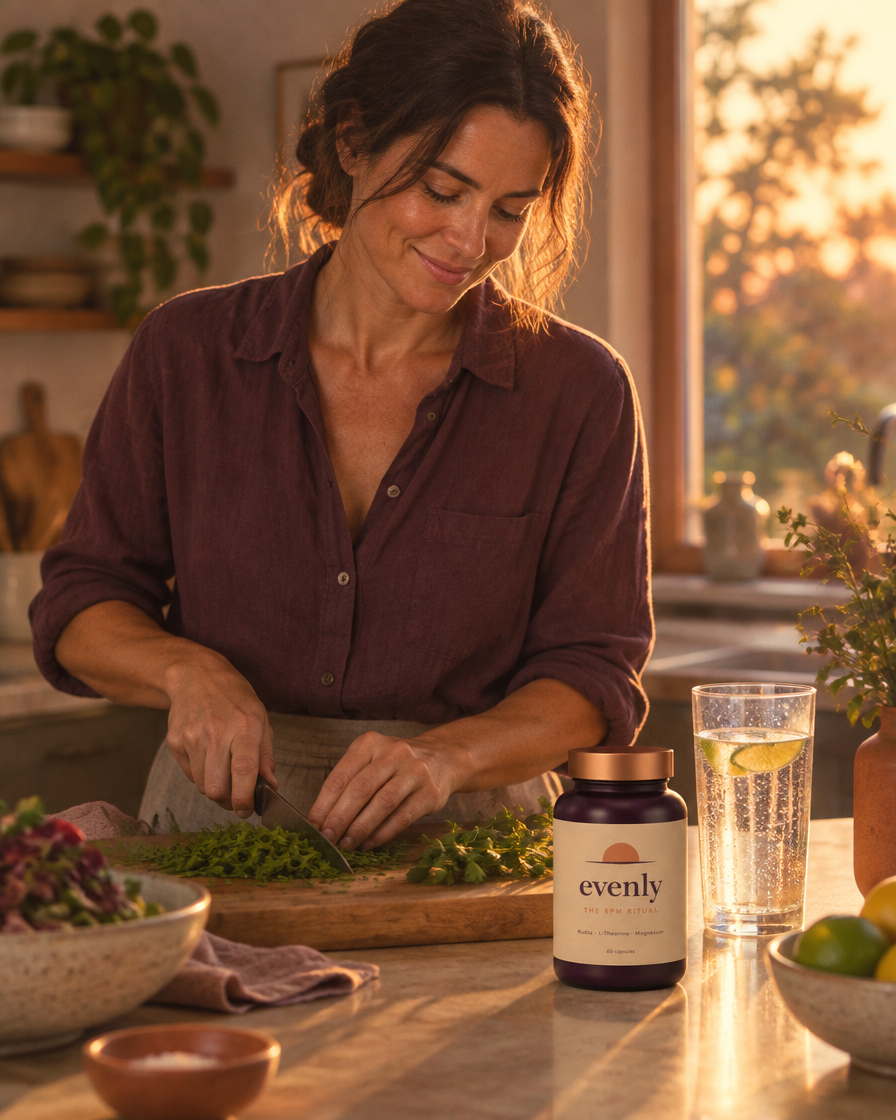 Cooking dinner at 6pm, present and calm, Evenly bottle and sparkling water on the bench