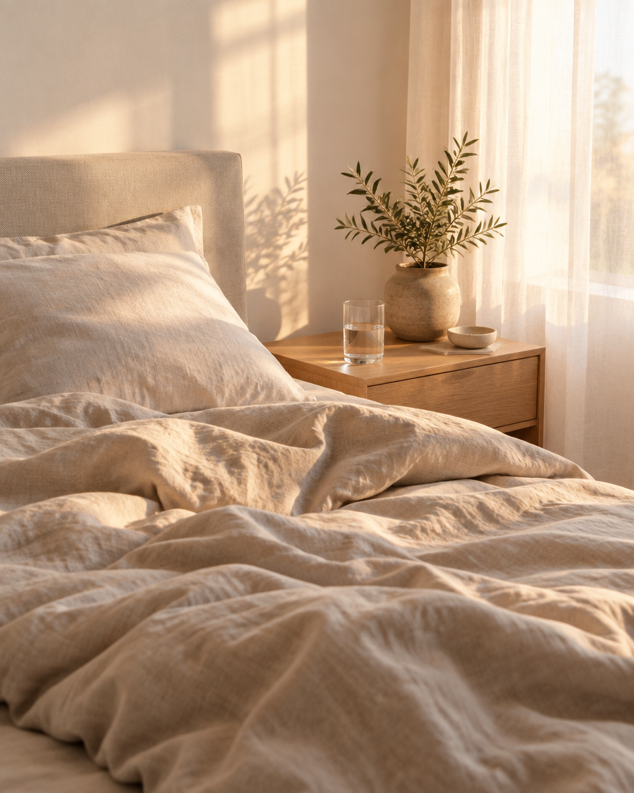 Morning light on linen sheets